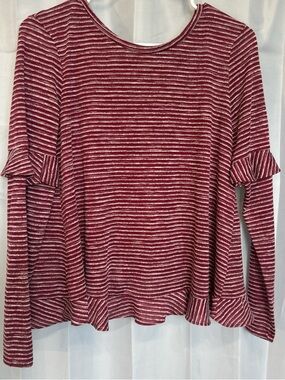 Skies Are Blue Red and White Striped Ruffle Long-Sleeve Tee